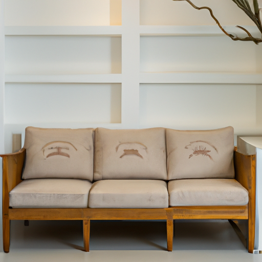 Een beige driezitsbank van buffelleer met zichtbare beukenhouten details in een goed verlichte woonkamer