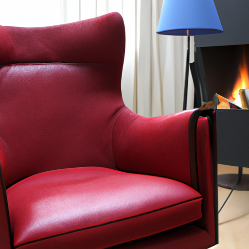 Een comfortabele fauteuil van buffelleer in de kleur bordeauxrood naast een open haard en een leeslamp