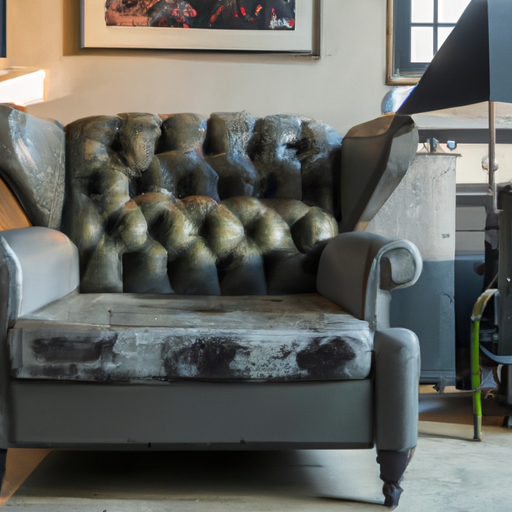Een grijs buffelleer chesterfield fauteuil geplaatst in een industrieel stijl woonkamer