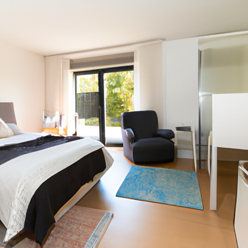 Een modern ligbed van leer in een minimalistisch ingerichte woonkamer
